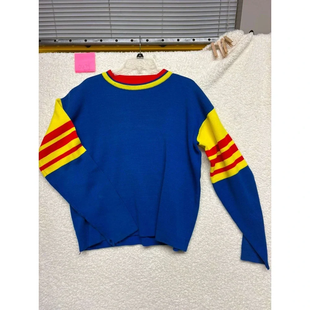 Vintage Color Block Knit Sweater Blue Yellow Red Striped Crewneck Mens XL